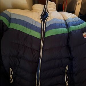 Marine Layer Navy, Cream, Light Blue & Green Striped Puffer Jacket